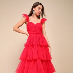 Lulus Fabulous Poise Bright Red Tulle Ruffled Tiered Maxi Dress - Size XS
